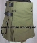 LADIES-OLIVE-GREEN-KILT-WITH-LEATHER-STRAPS