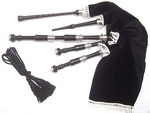 Black-Ebony-Wood</span>bagpipe,Black-Velvet-cover-with-cord,-with-turned-engraved-(thistle-design)-nickel-Sole,-Scrolls,-Knobs-with-soft-leather-bag.