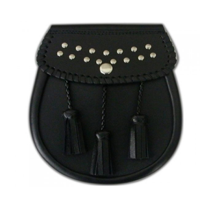 Black Leather Sporran With A Studs Design On The Flap