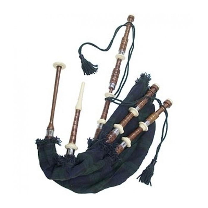 Rosewood Bagpipe Black Watch Bag Cover With Cord, With Turned Plan Nickel Sole And Knobs With Soft Leather Bag.